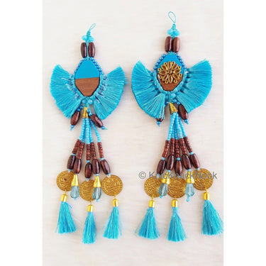 Cyan Blue Tassels With Blue Acrylic And Brown Wood Button In Kundan Stones, Wood Beads, Pearls